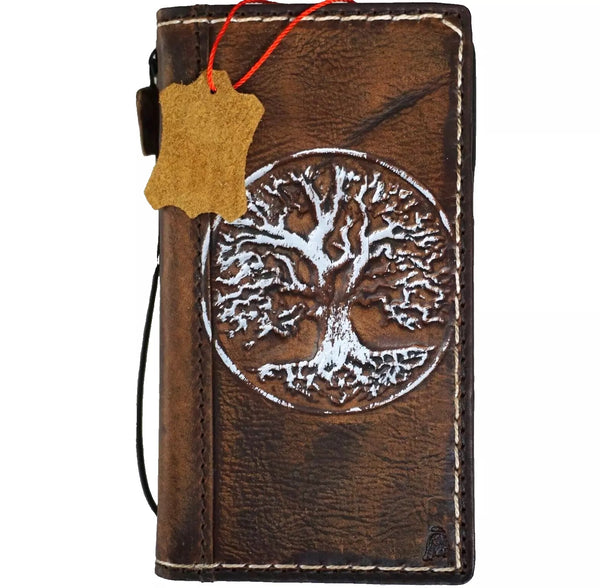 Genuine Leather Case For Apple iPhone 12 13 14 15 16 Pro Max 8 Plus Crafts SE Wallet  Book The Tree Of Life luxury Mini  Diy Embossing Oiled