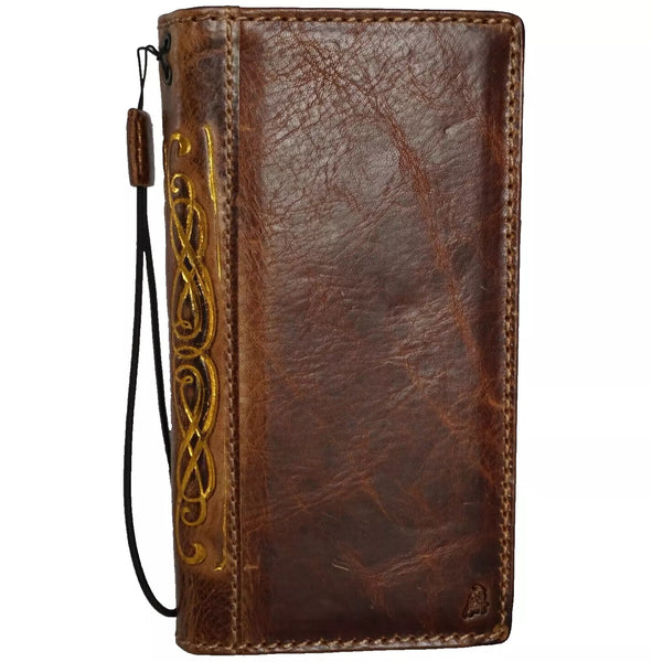 Genuine Leather Case For Apple iPhone 12 13 14 15 16 Pro Max 8 Plus  crafts Wallet  Book Mini Handmade Double Stitch Gold Stamp