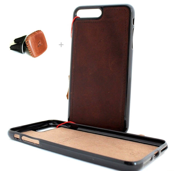 Étui en cuir véritable foncé pour iPhone 8 et 7, portefeuille, support mince, livre de luxe rétro + support magnétique pour voiture Davis