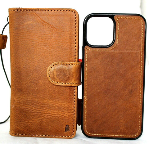 Genuine Soft Leather Case For Apple iPhone 13 Pro Max Book Wallet  Vintage Tan Style ID Mini Window Credit Card Slots Soft Removable Magnetic Cover Full Grain DavisCase