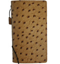 Handmade genuine leather phone case for Galaxy S26, S25 Edge, Z Fold 3-8, with art wallet and credit card slots in tan ostrich style.