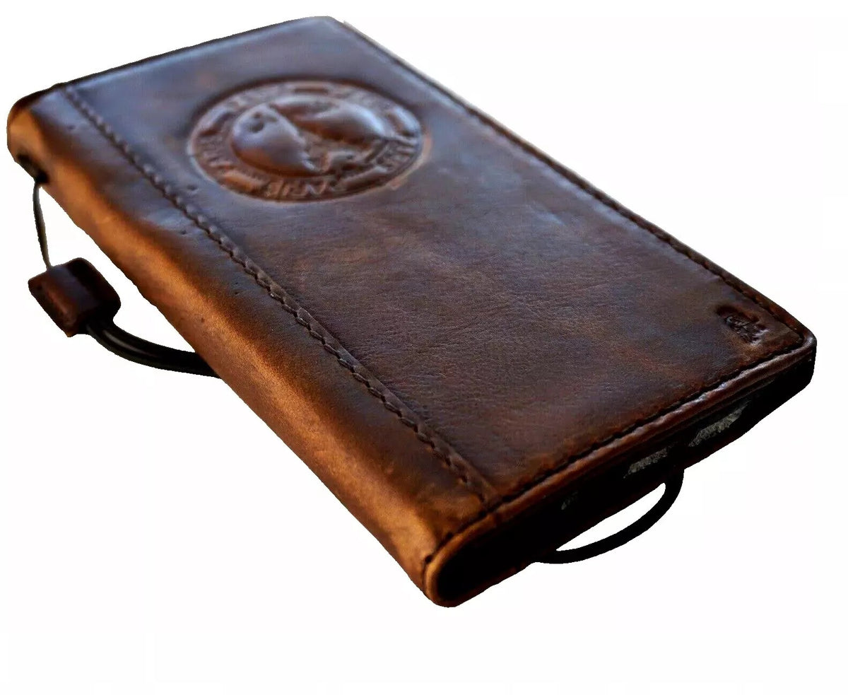 Handmade brown leather phone case for Samsung Galaxy S22, S21, Note 9, A71, A51, with wallet cover and Eiffel Tower design.