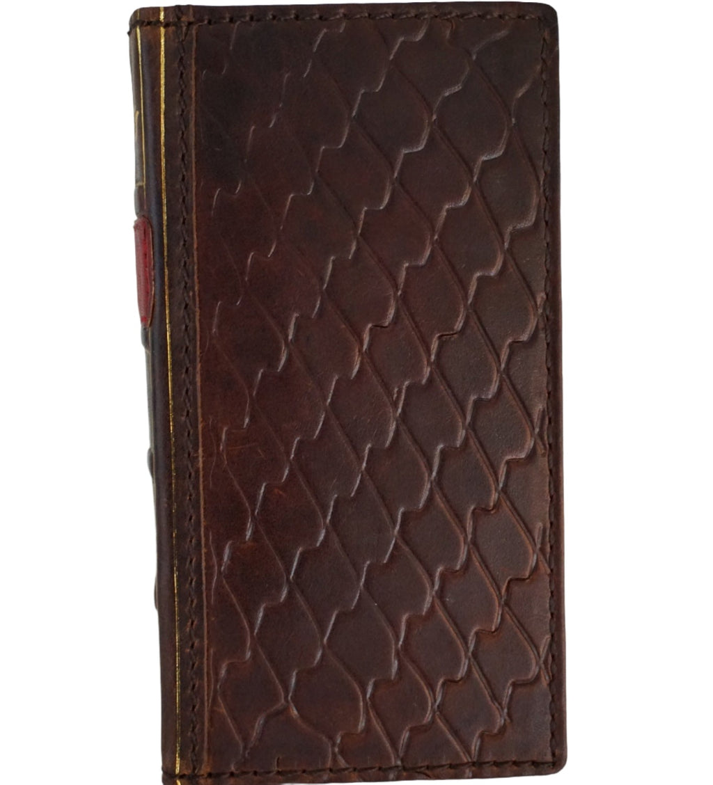 Handmade genuine leather phone case for iPhone 11-15 Pro Max with vintage shark Bible wallet design in red, by DAVISCASE.