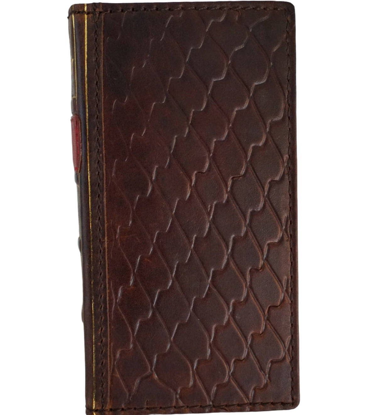 Handmade genuine leather phone case for iPhone 11-15 Pro Max with vintage shark Bible wallet design in red, by DAVISCASE.