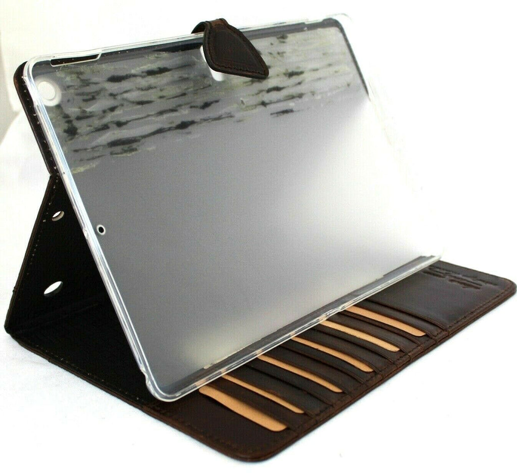 Genuine vintage leather iPad 10.2 case by DAVISCASE with flip cover, credit card slots, slim dark design for 9th generation.