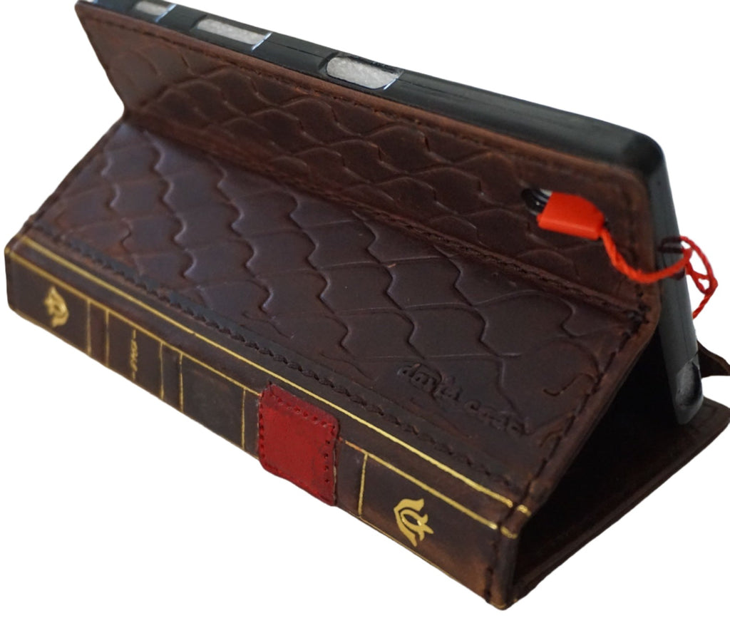 Handmade genuine leather phone case for Apple iPhone 11-15 Pro Max, with vintage shark Bible wallet cover in red featuring mini art squares.