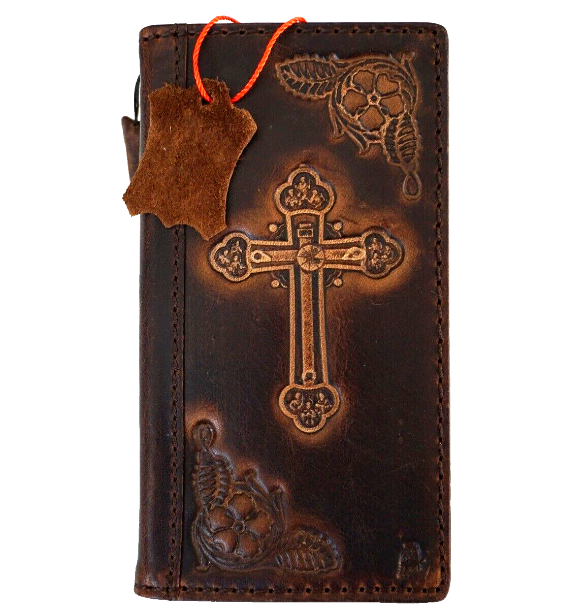 Genuine leather wallet case for Google Pixel phones by DAVISCASE, featuring a Jesus cross design and card slots.