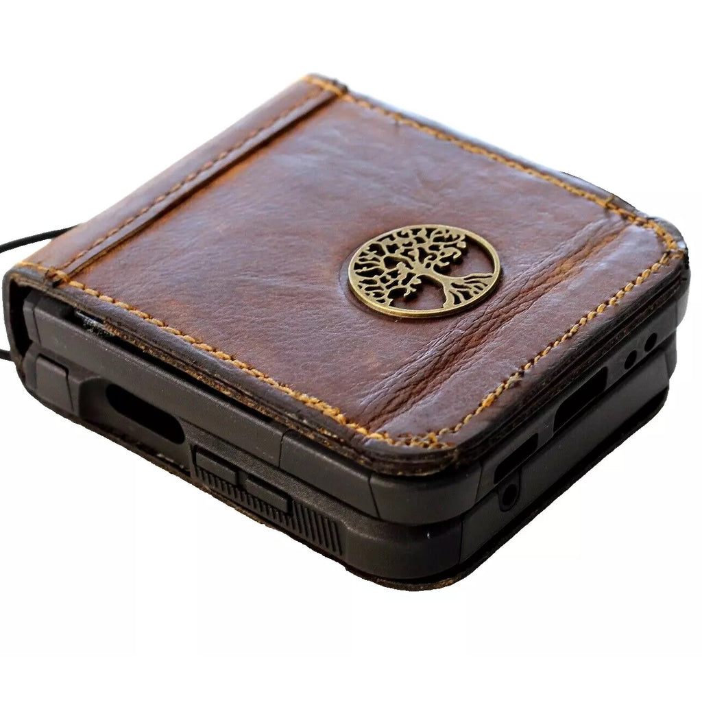 Handmade genuine leather phone case for Galaxy Z Flip series with vintage wallet design and Tree of Life embellishment by DAVISCASE