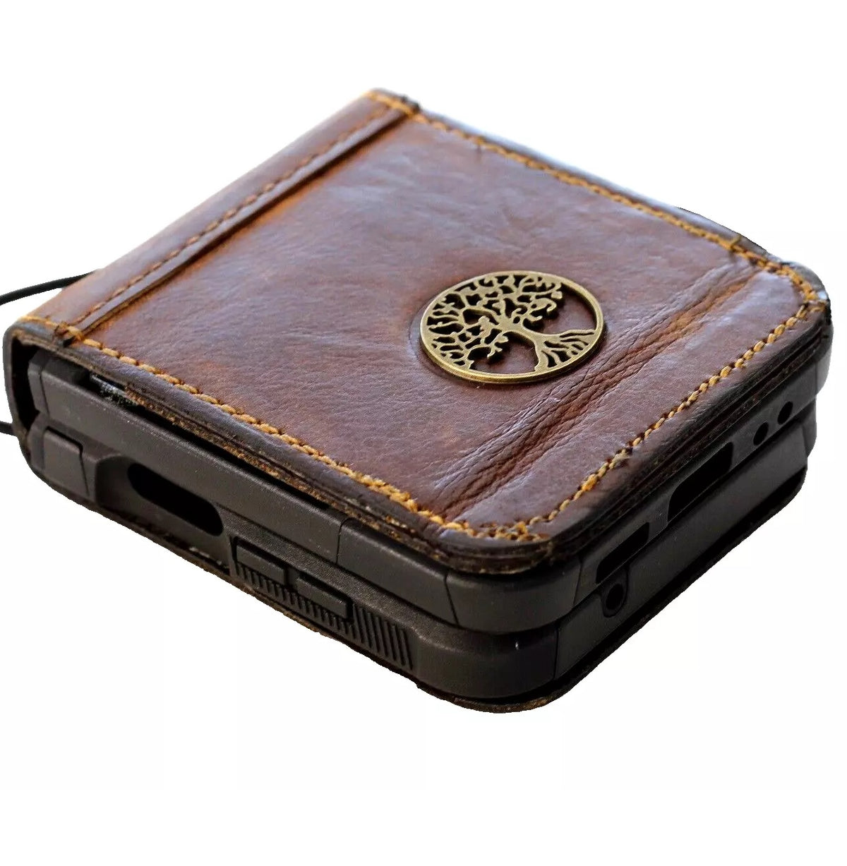 Handmade genuine leather phone case for Galaxy Z Flip series with vintage wallet design and Tree of Life embellishment by DAVISCASE