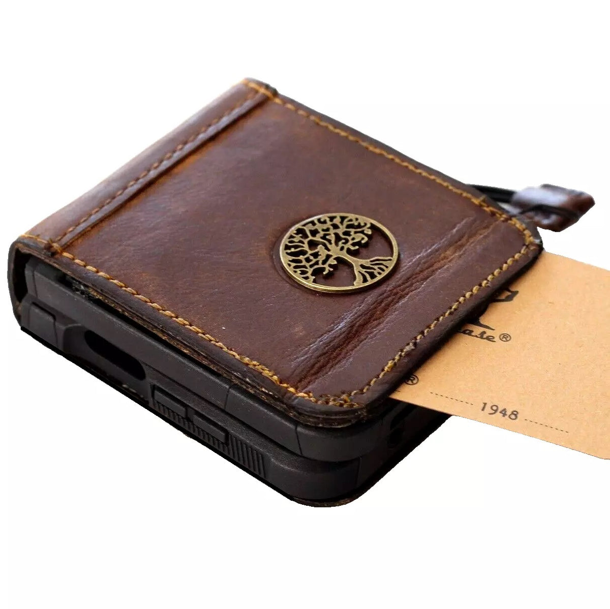Handmade genuine leather Samsung Galaxy Z Flip 3 4 5 6 7 wallet case with vintage flip cover featuring a Mini Tree of Life design.