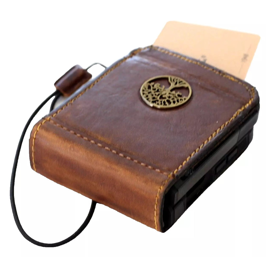 Handmade genuine leather phone case for Galaxy Z Flip 3-7, vintage flip cover with mini Tree of Life design by DAVISCASE.