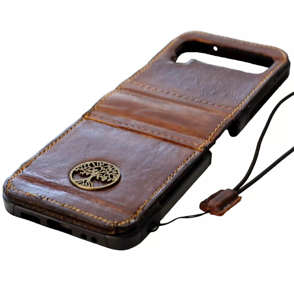 Handmade genuine leather wallet phone case for Galaxy Z Flip 3 4 5 6 7, featuring vintage design and Tree of Life detail.
