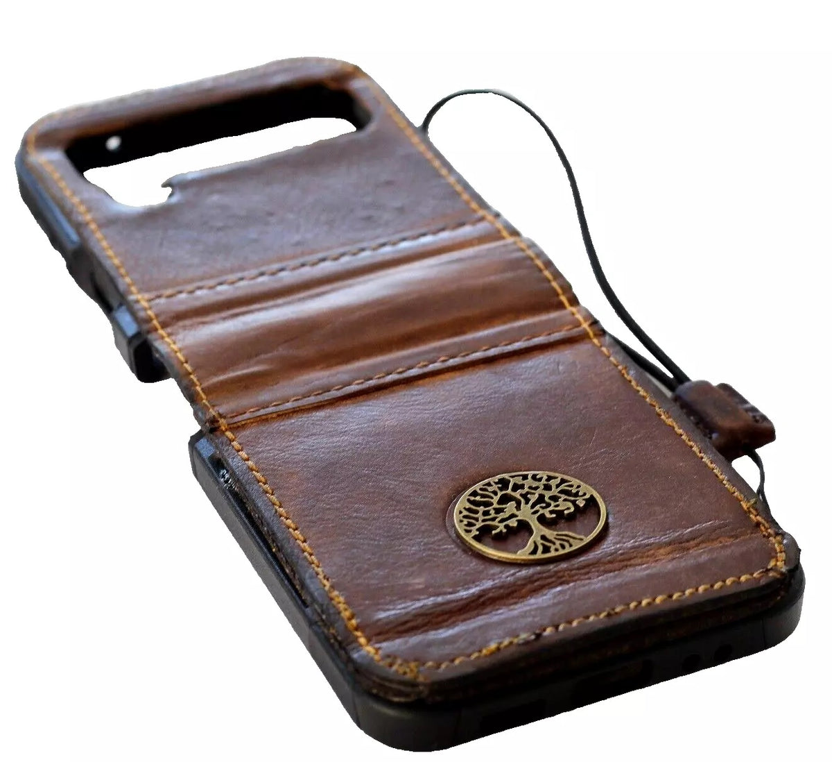 Handmade genuine leather wallet phone case for Galaxy Z Flip 3-7 with vintage Tree of Life design, by DAVISCASE.