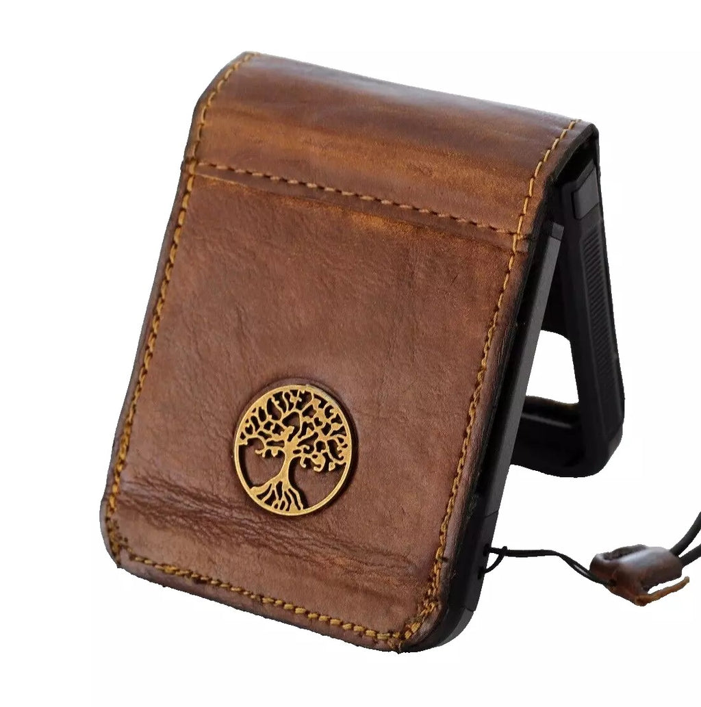 Handmade genuine leather phone case for Galaxy Z Flip series with vintage leather cover and Tree of Life design.
