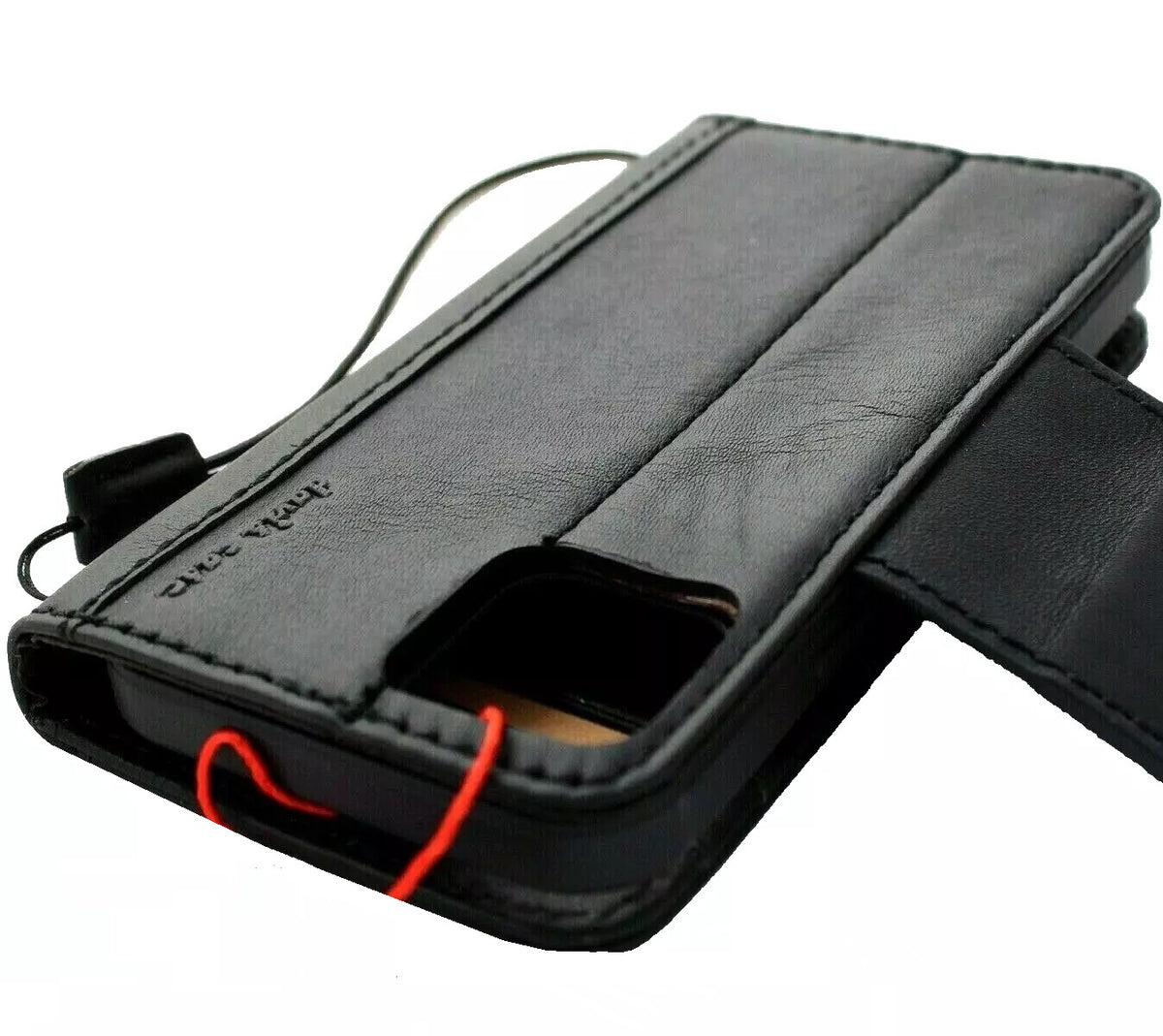 Handmade black leather phone case for iPhone 12-16 Pro Max and SE, featuring a mini wallet design with magnetic closure by DAVISCASE.
