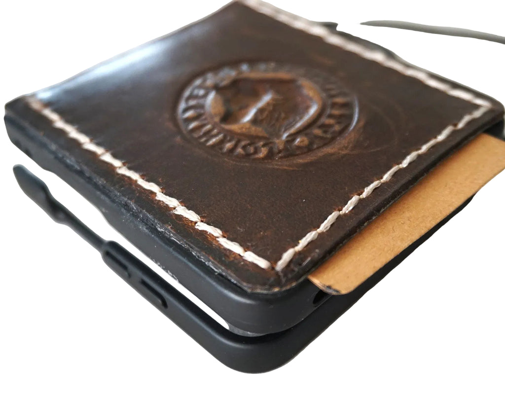 Handmade white leather wallet case for Galaxy Z Flip 8 7 6 5 4, featuring stitching and wireless charging compatibility by DAVISCASE.