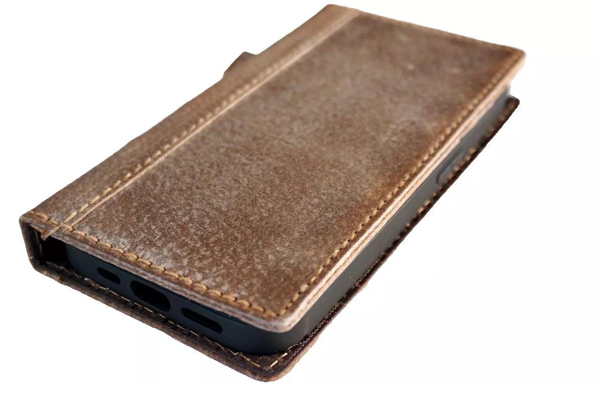 Handmade vintage leather phone case for iPhone 11-16 Pro Max, SE, XS, and 8 Plus by DAVISCASE, with a Bible craft design.
