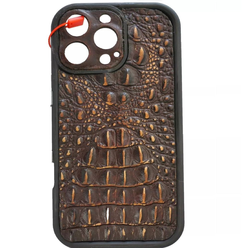 Handmade genuine leather phone case for iPhone 12-16 Pro Max, SE, and 8 Plus with vintage crocodile style and slim design.