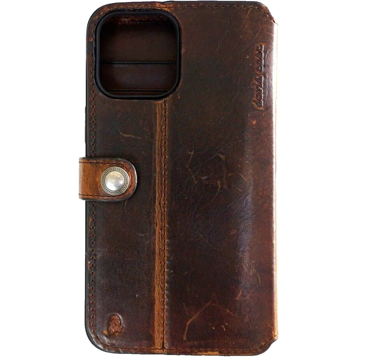 Handmade genuine leather phone case for iPhone 11-15 Pro Max with credit card slots, vintage style, and full grain leather by DAVISCASE.