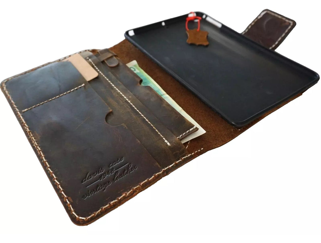 Genuine leather iPad Mini case by DAVISCASE, handmade with hand-sewn detail, designed for iPad Mini 3-6, includes pen holder.