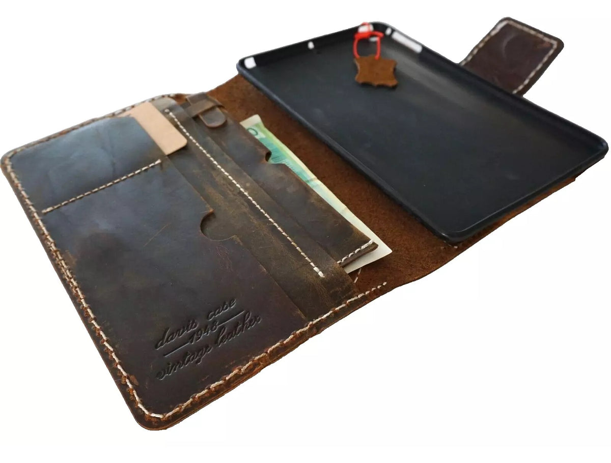 Genuine leather iPad Mini case by DAVISCASE, handmade with hand-sewn detail, designed for iPad Mini 3-6, includes pen holder.