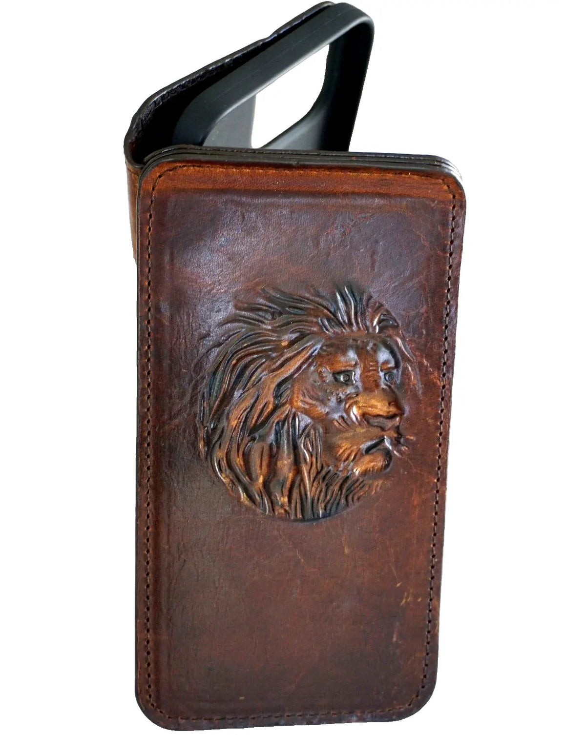 Handmade genuine leather phone case for iPhone 11-15 Pro Max with credit card slots, vintage style, and full grain leather by DAVISCASE.