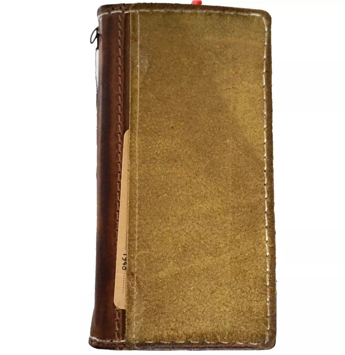 Handmade green leather wallet case for iPhone 13, 12, 14, 15, 16 Pro Max by DAVISCASE, featuring a removable design and sewing details.