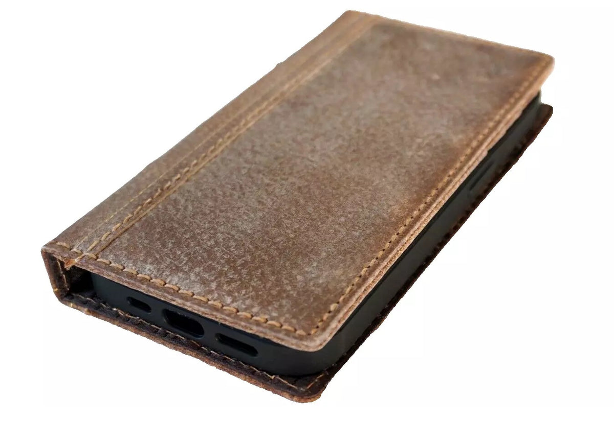 Handmade genuine leather phone case by DAVISCASE for iPhone 11-16 Pro Max, vintage Bible craft design with wallet and art details