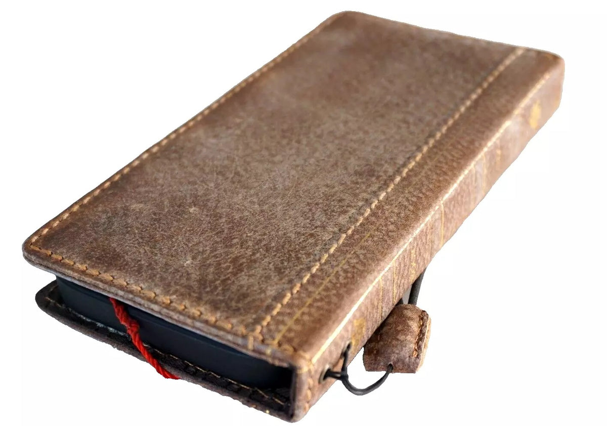 Handmade genuine leather phone case for iPhone 11 to 16 Pro Max, vintage-style wallet and art-inspired design by DAVISCASE.