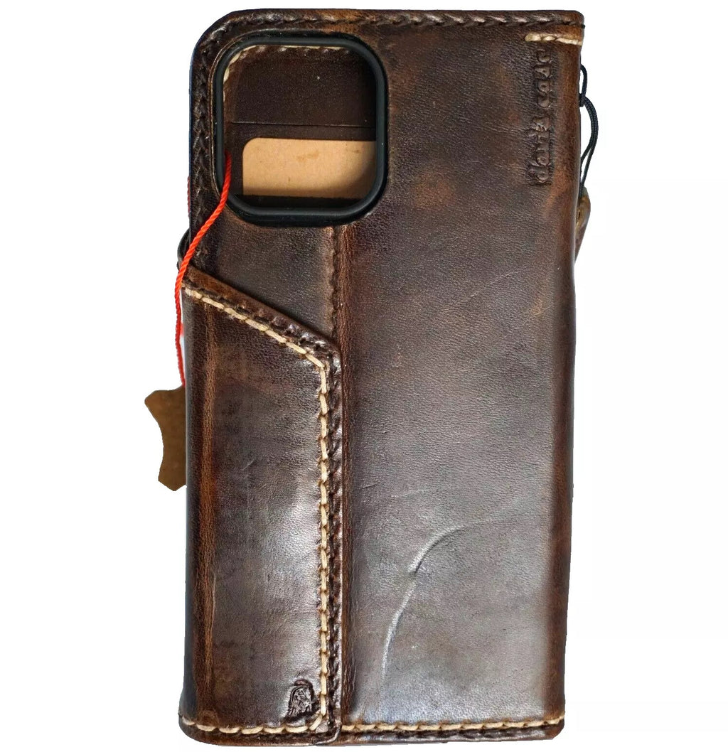 Handcrafted genuine leather wallet phone case for iPhone 11 to 16 Pro Max and SE, with magnetic closure and sewn details.