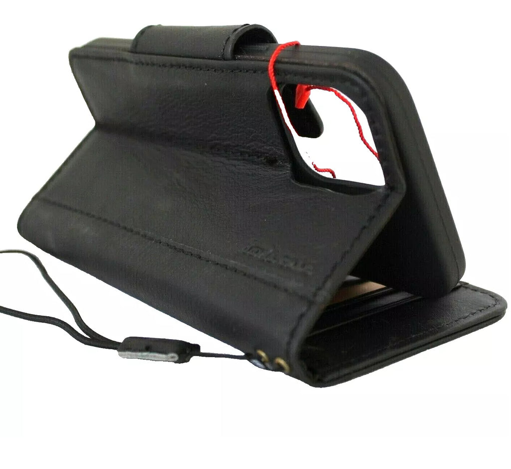 Handmade genuine leather phone case for Apple iPhone models, with magnetic wallet design in black, by DAVISCASE.