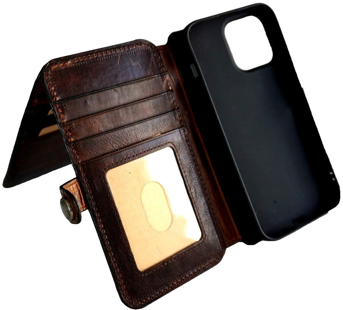 Handmade genuine leather phone case for iPhone 11-15 Pro Max, vintage style with credit card slots, crafted by DAVISCASE.
