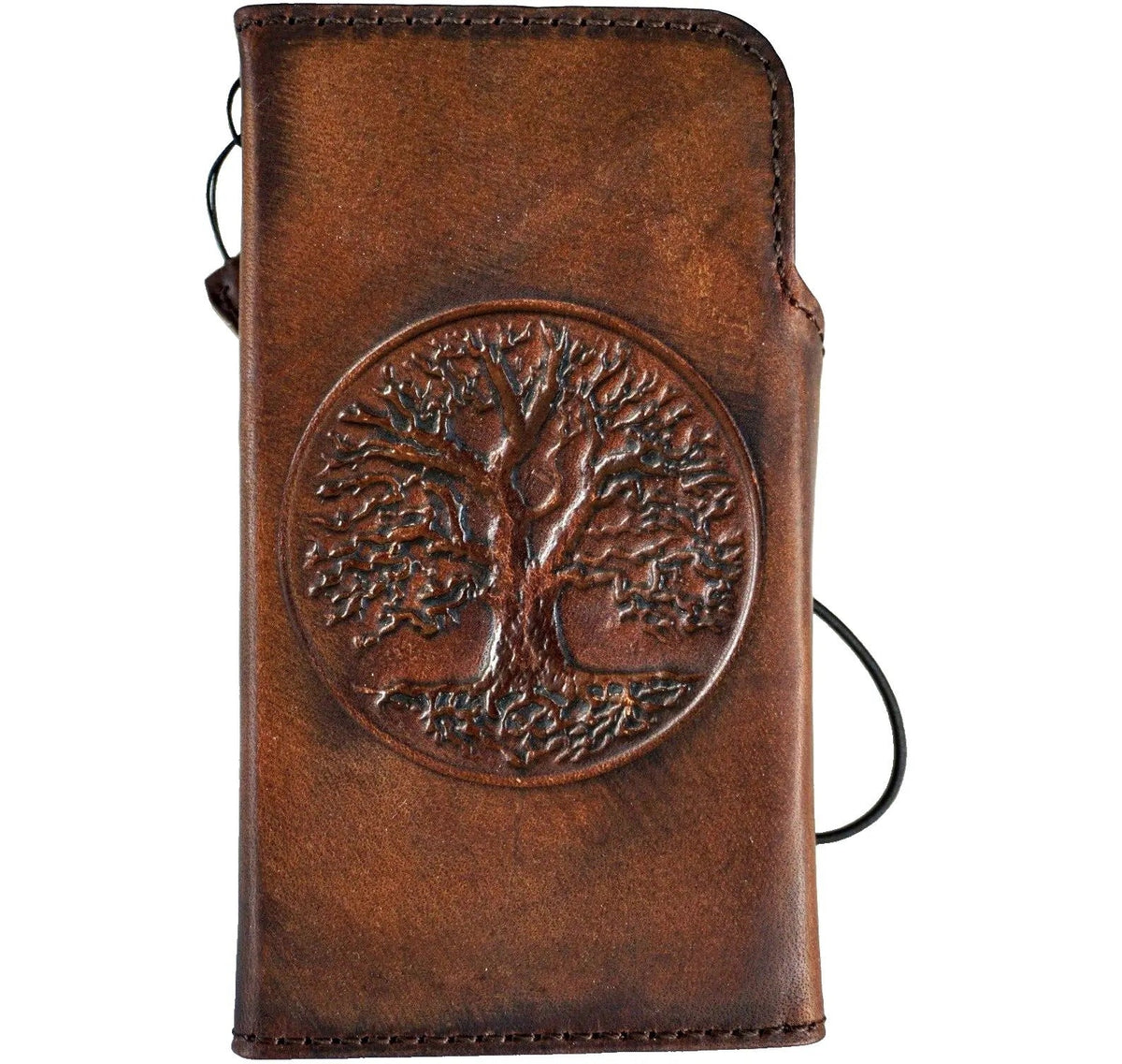 Handmade genuine leather phone case by DAVISCASE featuring the Tree of Life design for iPhone 11-15, vintage style wallet cover.