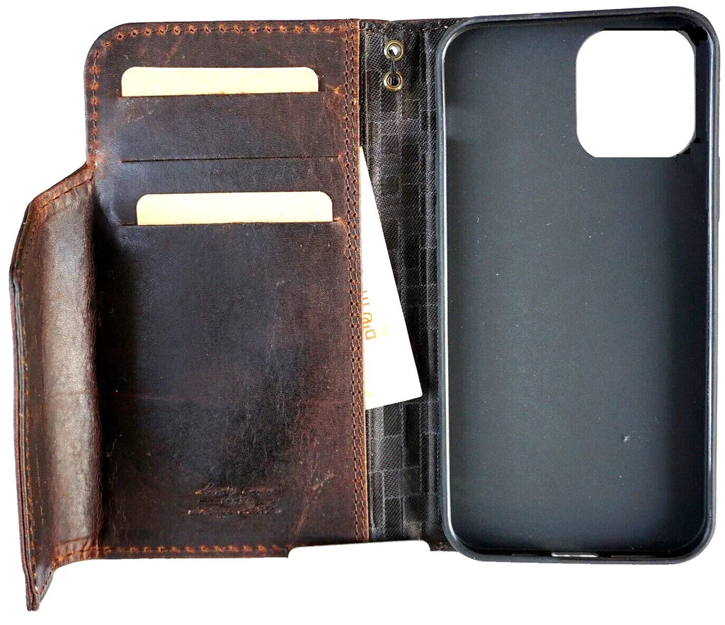 Handmade genuine leather phone case by DAVISCASE with Tree of Life design for iPhone 15 to SE, vintage style wallet cover with magnetic closure