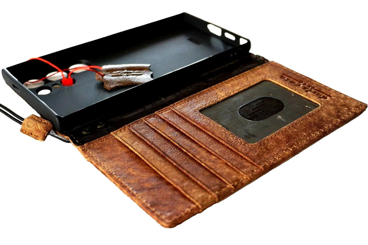 Vintage tan leather phone case for Galaxy S21, S22, S23, Note 10, A71, A51, and more, with wallet style and handcrafted details.