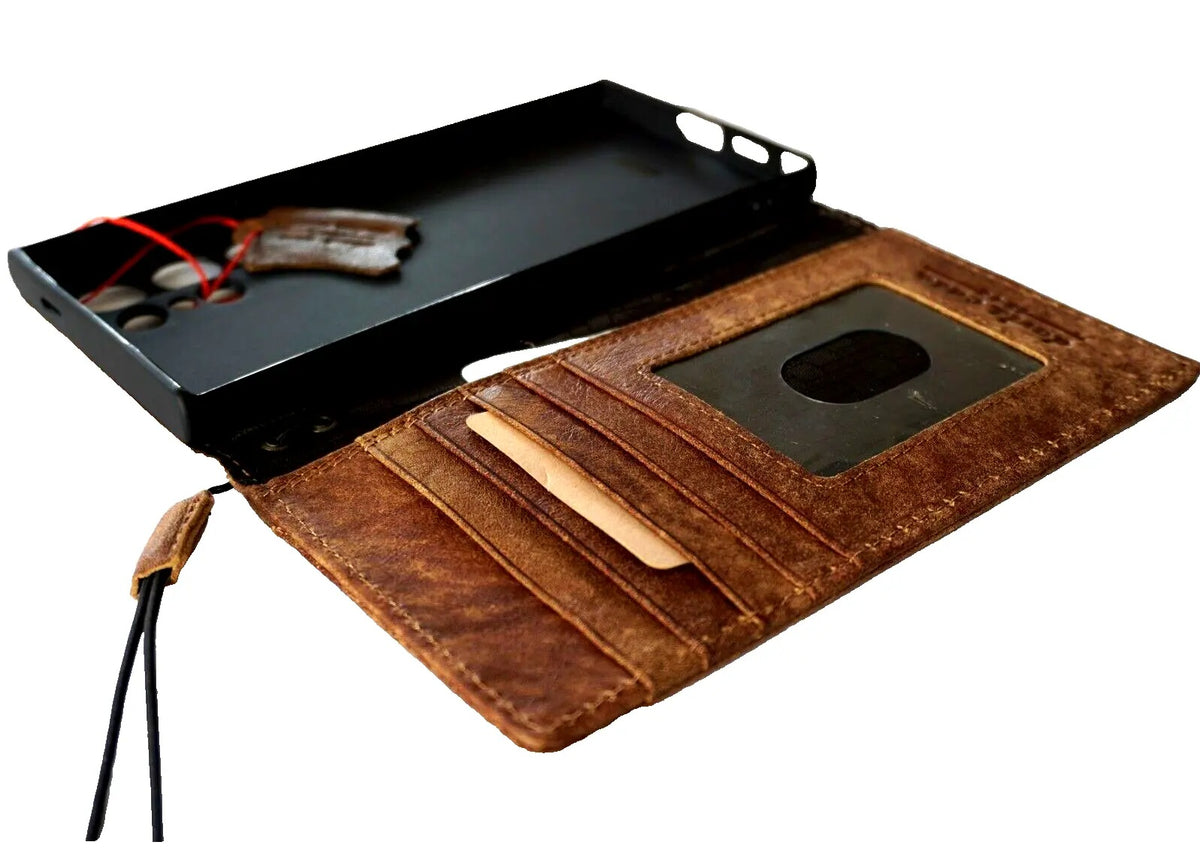 Vintage tan leather wallet phone case for Galaxy S22, S21, S20, Note 20, A71, A51, and A13, handmade by DavisCase.