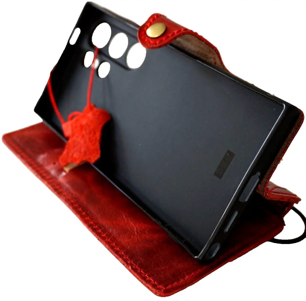 Handmade genuine leather phone case by DAVISCASE for Galaxy S26, S24, S25 Ultra FE Plus, Z Fold8, with red wine full grain leather.