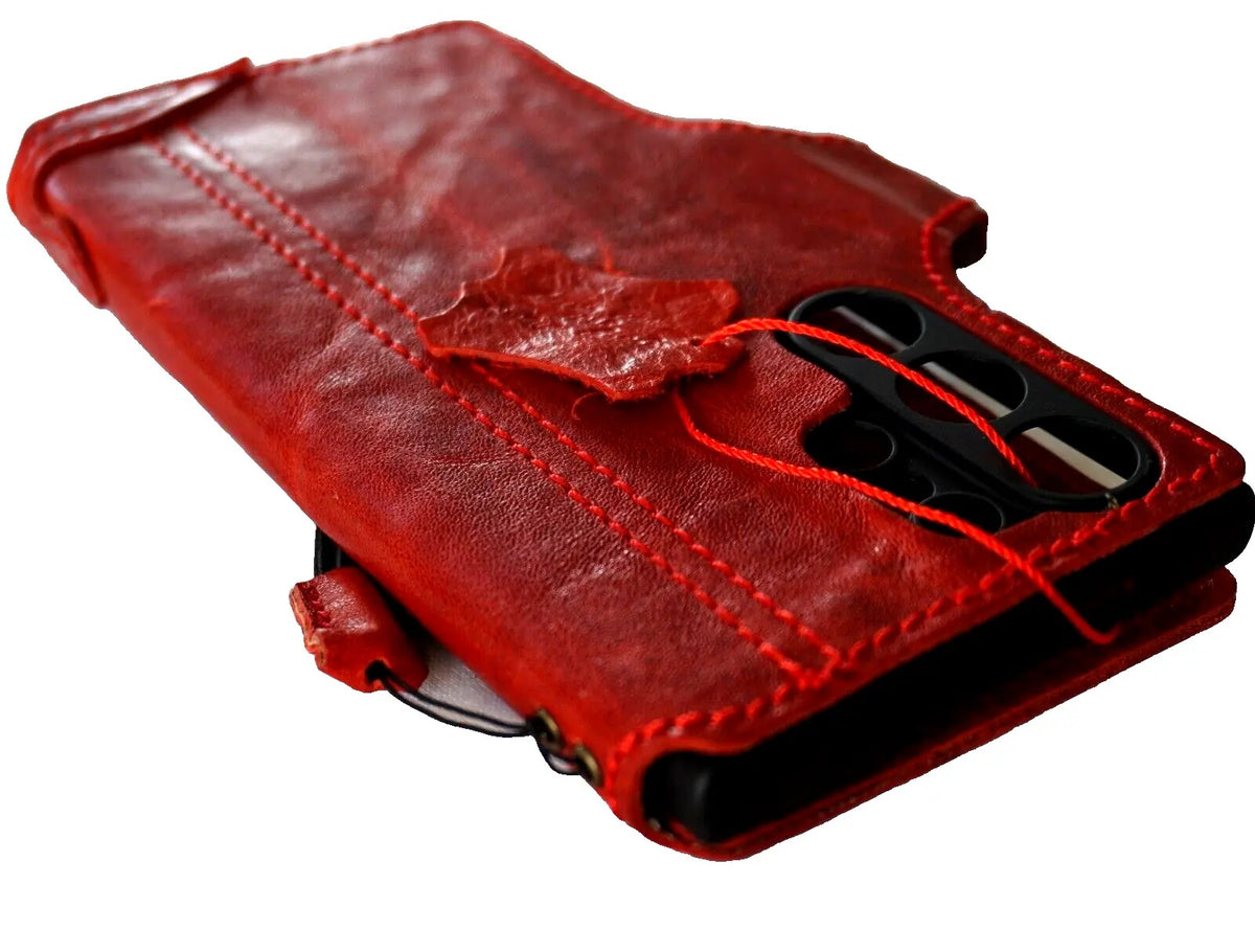 Handmade genuine red wine leather phone case for Galaxy S26, S24, S25 Ultra FE Plus, Z Fold8 with wallet and clasp by DAVISCASE