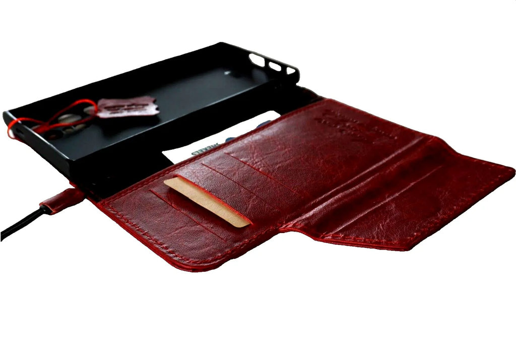 Handmade genuine leather case for Samsung Galaxy S24 Ultra with magnetic closure, red wine color, wallet design, and wireless charging compatibility.