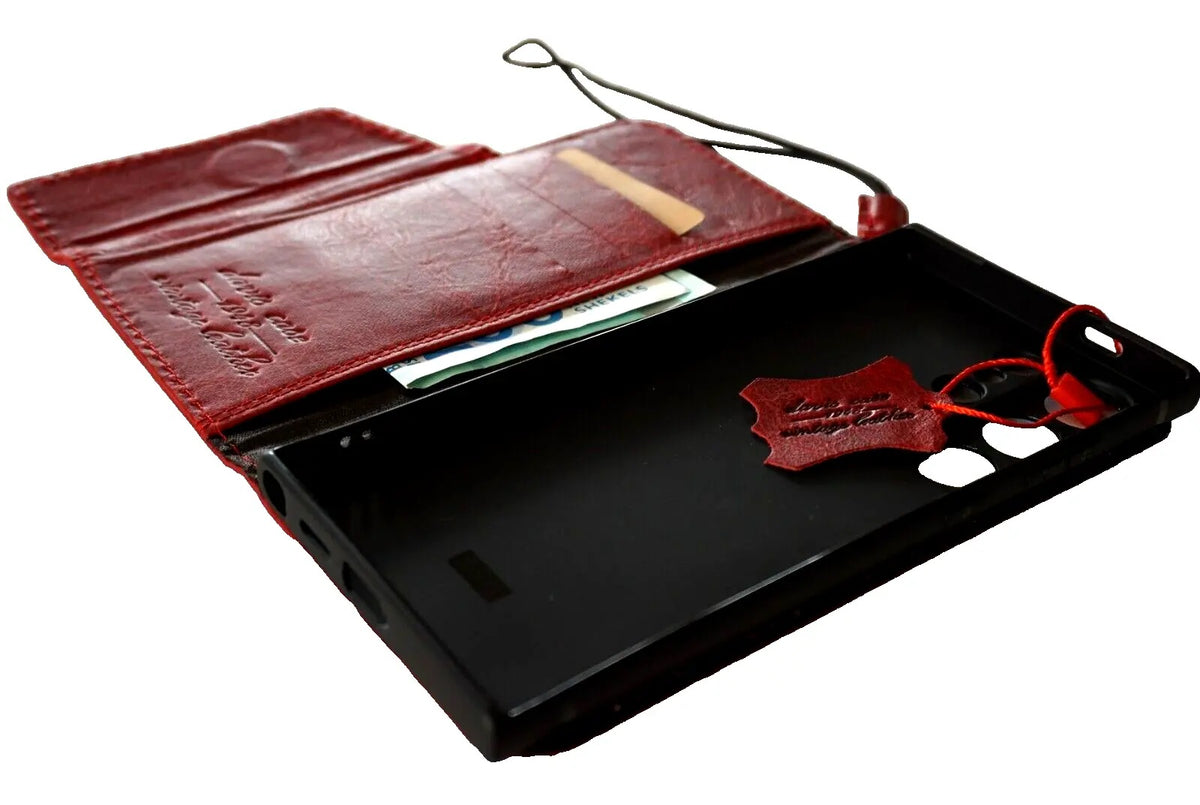 Handmade genuine leather phone case for Samsung Galaxy S22, S21, S23, S24, S25 Ultra FE Note 25 Edge with red wine finish and magnetic closure.