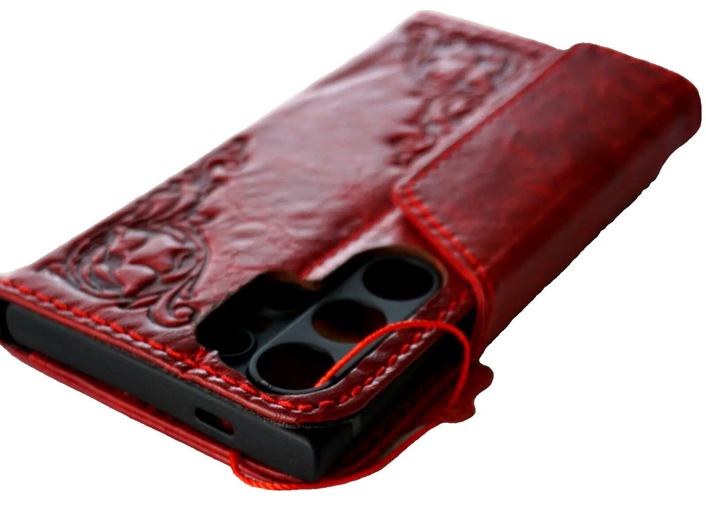 Handmade red leather Samsung Galaxy S24 Ultra case with magnetic closure, wallet design, rubber holder, and wireless charging compatibility.