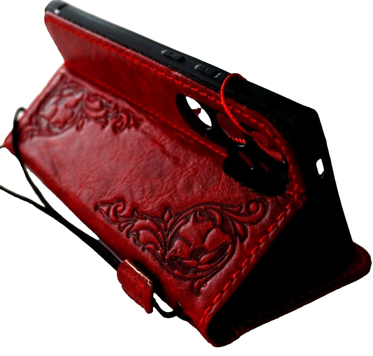 Handmade genuine leather Samsung Galaxy S24 Ultra case by DAVISCASE with wallet design, magnetic closure, and wireless charging compatibility.