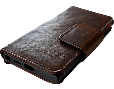 Genuine Leather Case for Samsung Galaxy S24 Ultra Book Wallet HandMade Rubber Holder Cover Wireless Charger Luxury Dark Brown Magnetic