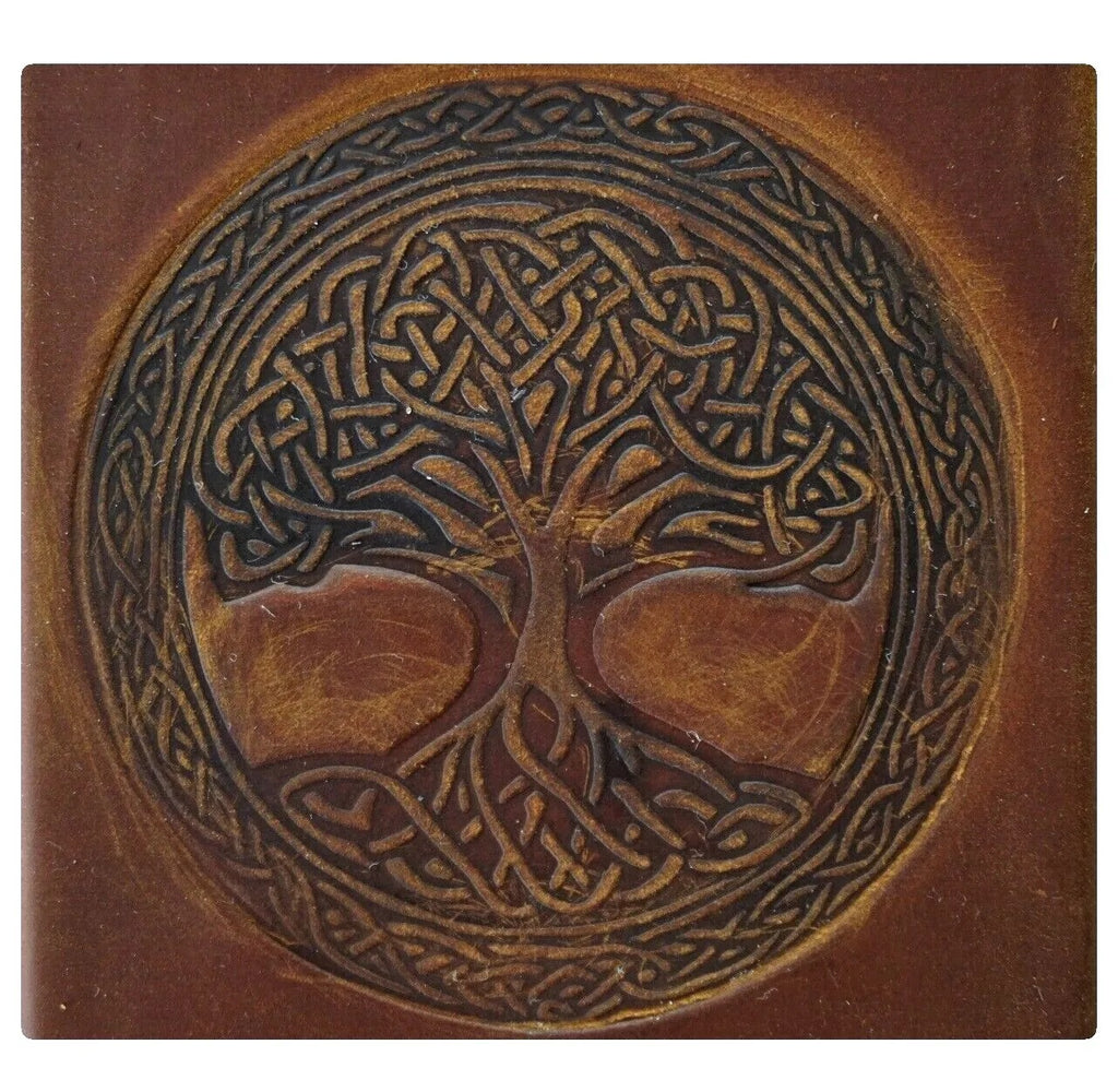 Handmade genuine leather phone case by DAVISCASE for iPhone 12-15 Pro Max with vintage Tree of Life design and full grain leather.