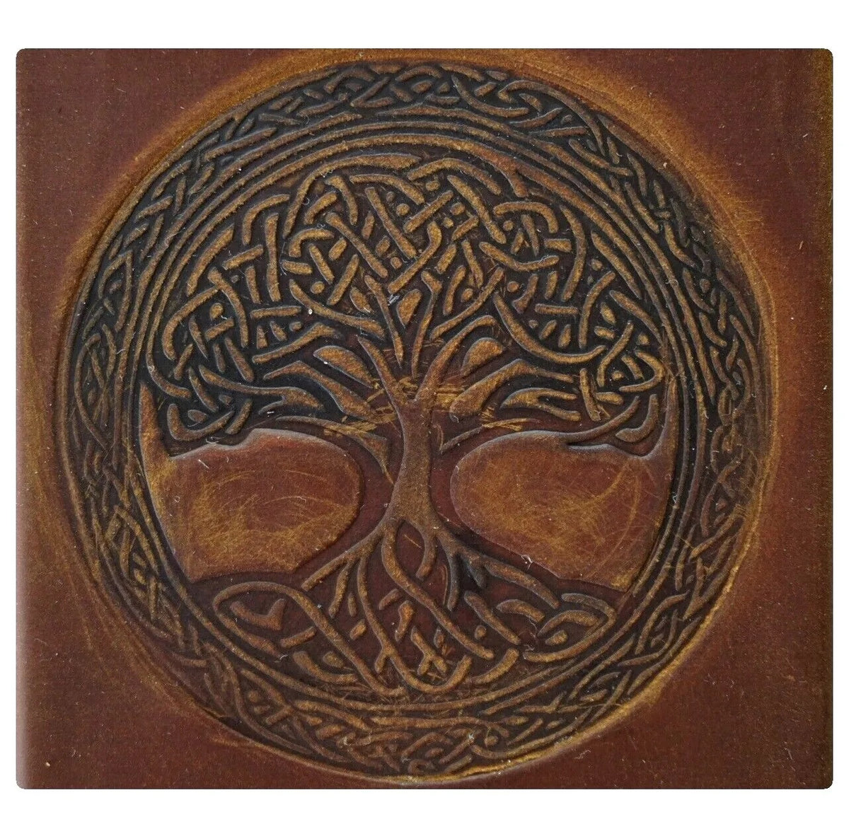 Handmade genuine leather phone case by DAVISCASE for iPhone 12-15 Pro Max with vintage Tree of Life design and full grain leather.