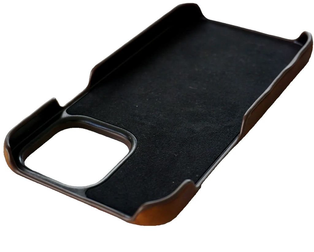 Handmade genuine leather iPhone 12-15 Pro Max case featuring vintage Tree of Life design, full grain leather, and slim fit.