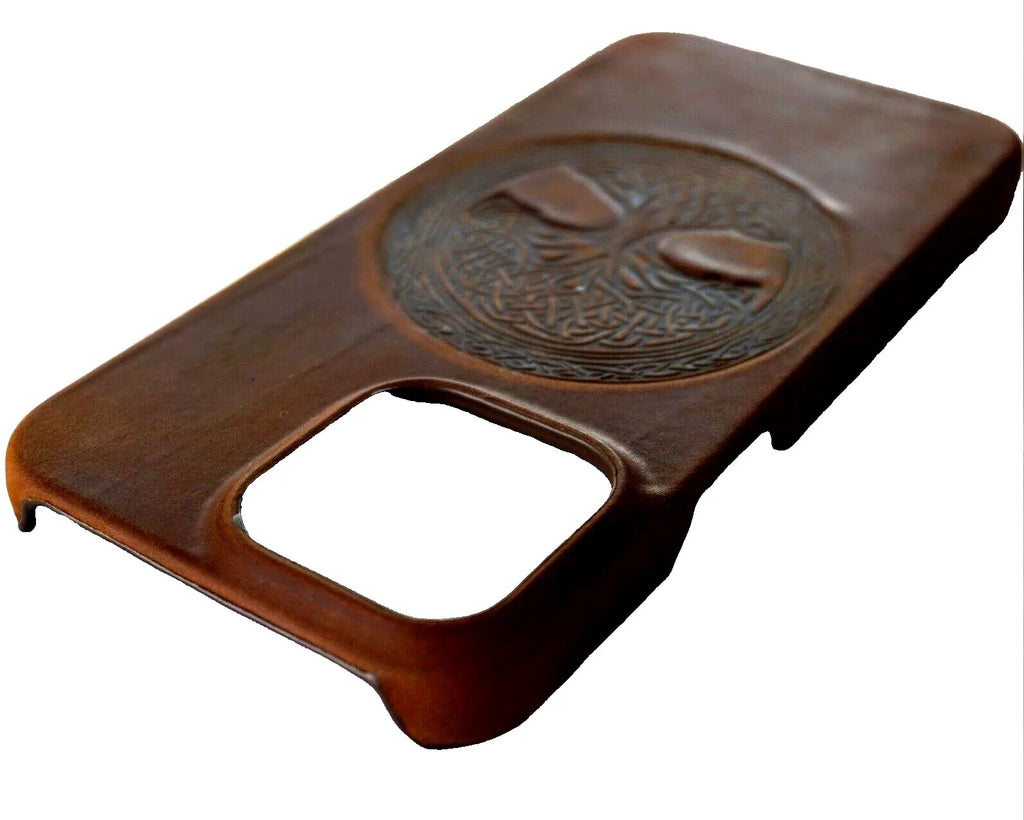 Handmade genuine leather phone case for iPhone 12-15 Pro Max with vintage Tree of Life design by DAVISCASE.