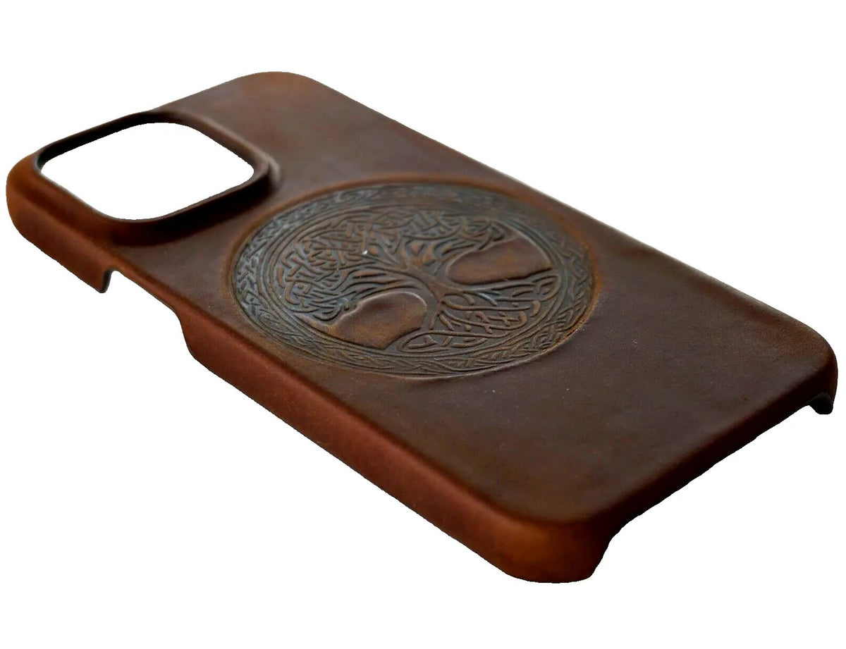 Handmade genuine leather phone case for iPhone 12-15 Pro Max with vintage Tree of Life design by DAVISCASE.