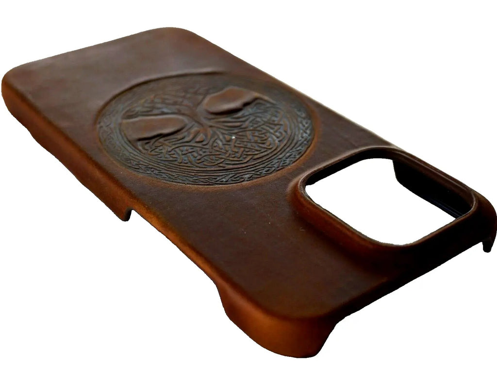 Handmade genuine leather phone case for iPhone 12-15 Pro Max with vintage Tree of Life design by DAVISCASE.