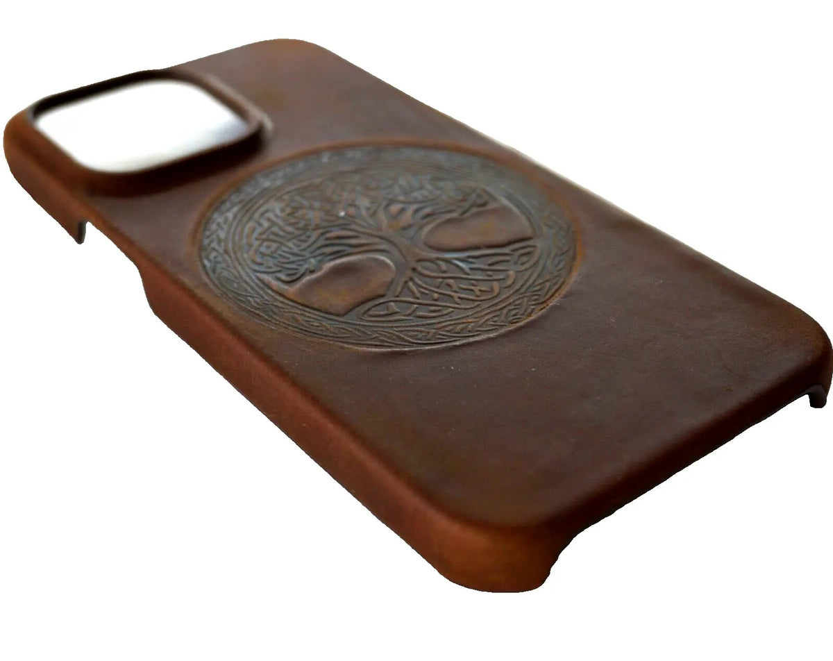Handmade genuine leather phone case for iPhone 12-15 Pro Max with vintage Tree of Life design by DAVISCASE.
